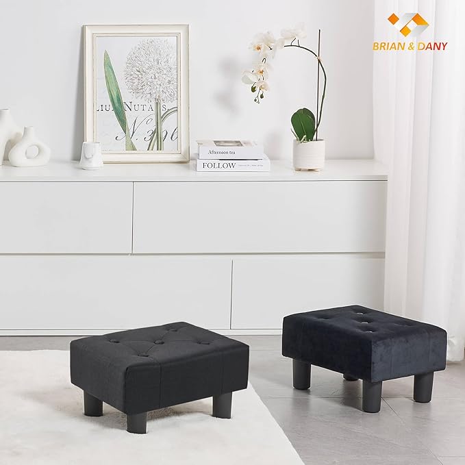 BRIAN & DANY Small Foot Stool, Linen Foot Stools with Legs, Stable Small Footstool for Living Room, Black