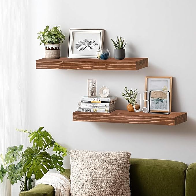 24x8x1.6 inch Floating Shelves Set of 2 – Solid Wood Rustic Brown Wall Mounted Shelf for Kitchen, Bathroom, Living Room