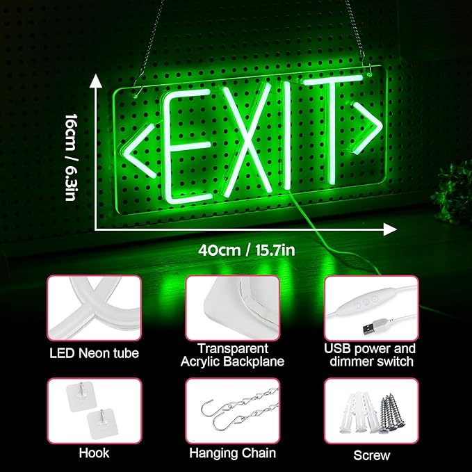 Exit Neon Sign For Business Way Out Led Closed Sign Light, Green Letter Neon Signs For Building Hotel Restaurant Bar Supermarket Mall Museum Coffee Sign For Pizza Store Atm Party Supplies