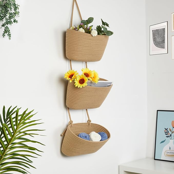 DULLEMELO Wall Baskets for Storage, 3-Tier Woven Cotton Hanging Baskets for Organizing, Jute Wall Hanging Baskets with Door Hooks, Over The Door Basket