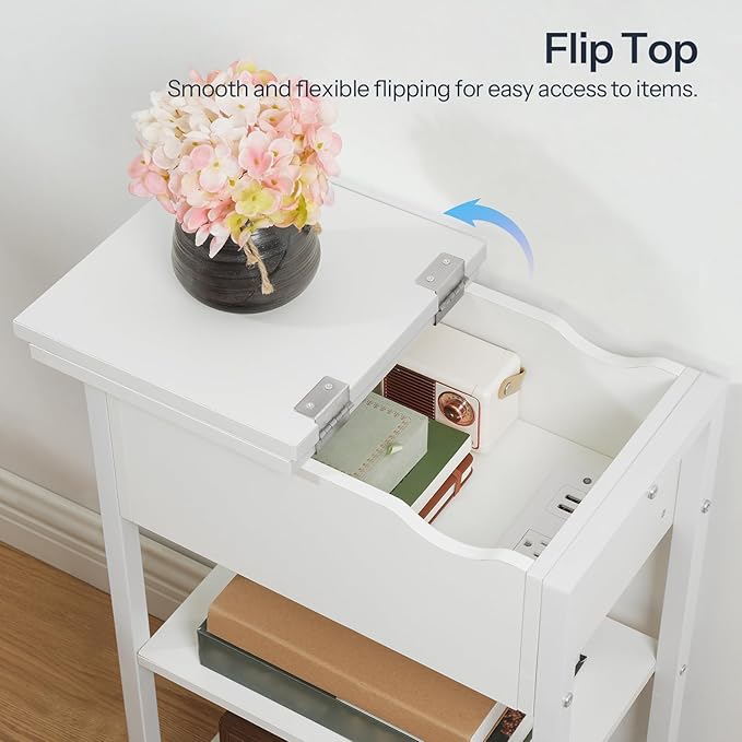 HOOBRO End Table with Charging Station, Narrow Side Table, Flip Top Nightstand with USB Ports and Outlets, Bedside Tables with Shelf for Small Spaces, Living Room, White WT341BZ01