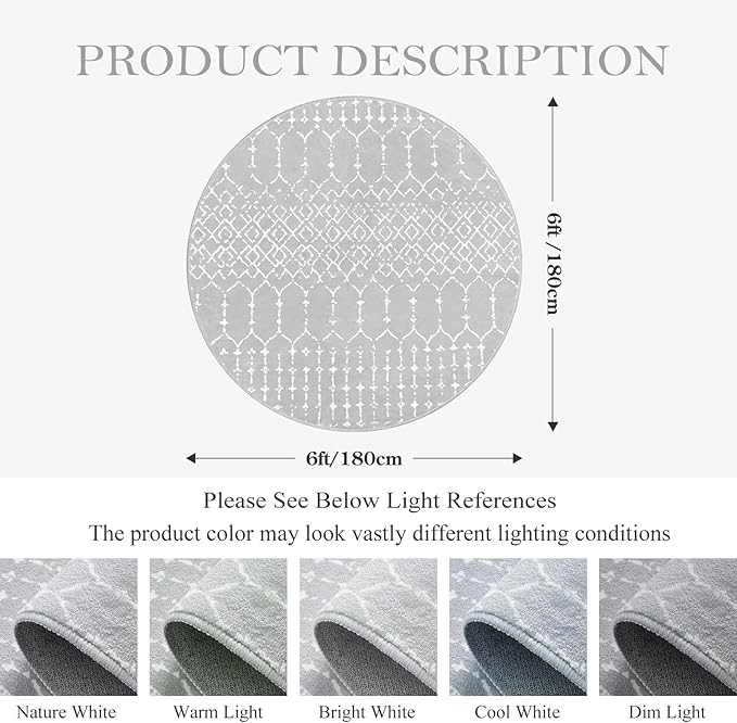 Lahome Moroccan Round Rugs - 6Ft Washable Circle Area Rug for Living Room Grey Non-Slip Stain Resistant Dining Room Rug Large Circle Rug, Modern Geometric Print Indoor Round for Bedroom Entryway