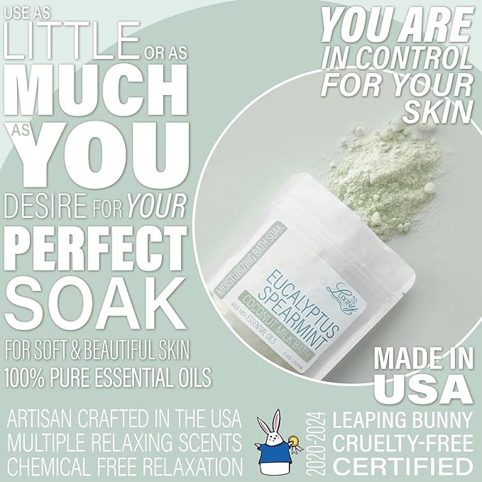Vegan Milk Bath Soak Made with Moisturizing Coconut Milk Powder, Essential Oil, & Sweet Almond Oil for a Bath Bomb Dust Soothing Fizz & Relaxing Soak, 8 oz. (Eucalyptus Spearmint)