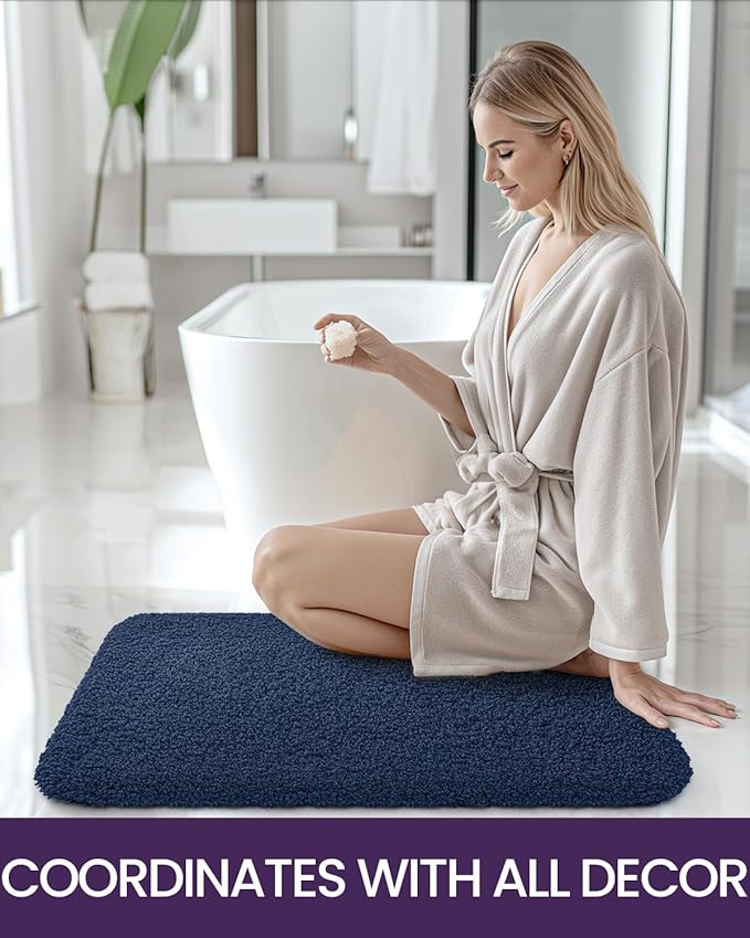 DEXI Bathroom Rug Mat 24x16, Extra Soft and Absorbent Bath Rugs, Washable Non-Slip Thick Carpet Mat for Shower Floor, Tub, Navy