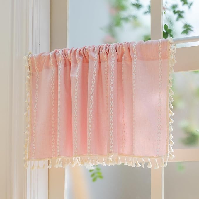 Sutuo Home Boho Valance Curtains for Road Tiers Windows, Bohemian Short Curtains Light Filtering French Country Tassels Window Treatment Embroidery Drape, Rod Pocket 1 Panel 52" W x 18" L, Pink