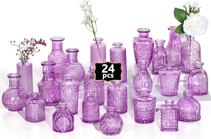 24PCS Mini Bud Vases As Wedding Centerpieces for Tables,Purple Bud Vases for Flowers,Small Flower Vases Suitable for Birthday Party,Anniversary,Wedding Reception,Baby Shower (Purple, 24PCS)