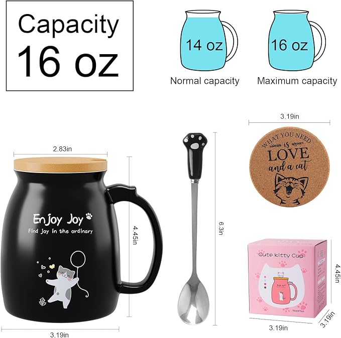 Ceramic Coffee Mugs Coffee Tea Mug Novelty Tea Cups for Cat Lovers Women Men Girl Friends Christmas Birthday Cat Mug with Lovely Stainless Steel Spoon, Wooden Lid, Thicken Wooden Coaster, 16oz