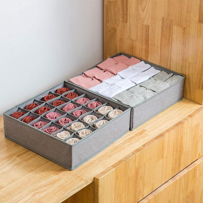 Qozary 2 Pack Socks Underwear Drawer Organizer Divider, 24 Cell or 16 Cell Collapsible Cabinet Closet Organizer Storage Boxes for Clothes, Socks, Lingerie, Underwear, Ties