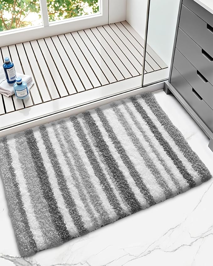 LUMI Striped Bath Rugs, Extra Soft and Absorbent Microfiber Bath Mat, Machine Wash Non-Slip for Bathtub or Bathroom Floor, 24"x43", Grey