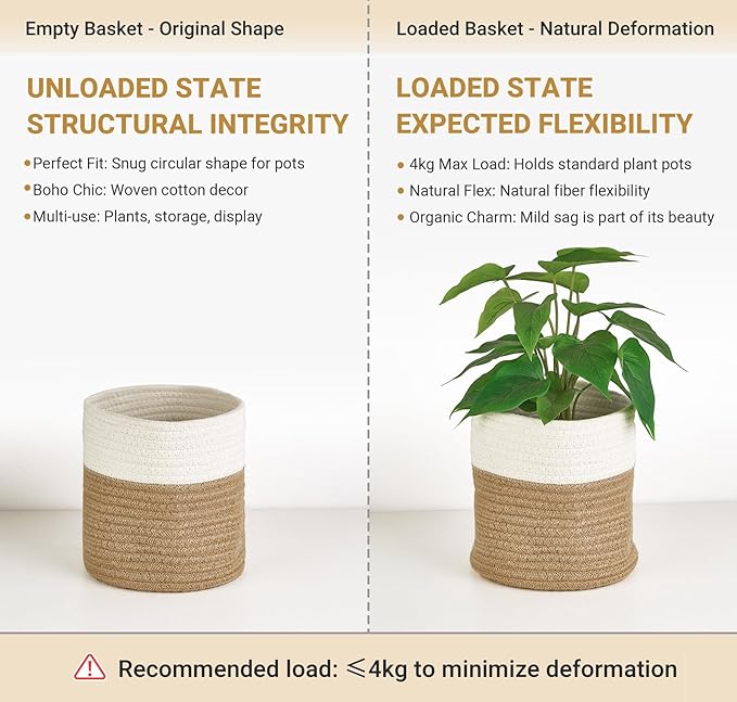 Dahey Small Cotton Rope Plant Basket Woven Plant Coiled Basket for Up to 7" Planter, Decorative Flower Pot Cover Closet Storage Bin Table Desk Organizer for Home Decor, White and Beige