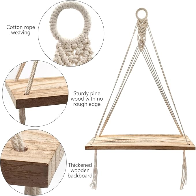 2 Pack Boho Shelf Wood Hanging Shelves Floating Wall Swing Storage Shelves Boho Wall Decor