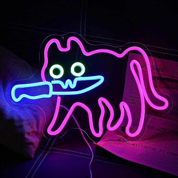 Cautiously Cat Neon Sign for Wall Decor Knife Neon Light Adorable LED Neon Sign for Bedroom Zoo Cat Cafe Cat House Store Restaurant Home Kitchen Men Cave Home Bar Decoration(16.9"*12.4")