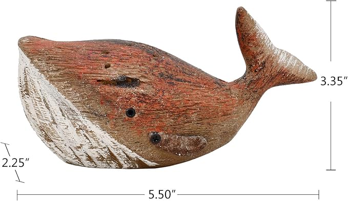 Linfevisi Wooden Whale Decor Tabletop Nautical Decor Solid Wood Whales Statue Sculpture Standing Coastal Decor Beach Figurines for Home Sea Decor for Bathroom Ocean Theme House Decor 3.35 Inches Tall