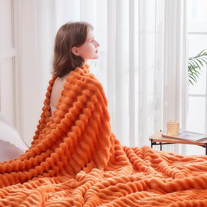 NEWCOSPLAY Super Soft Fall Twin Blanket Orange Premium Silky Flannel Fleece 3D Ribbed Jacquard Lightweight Bed Blanket All Season Use (Orange Ribbed, Twin(60"x80"))