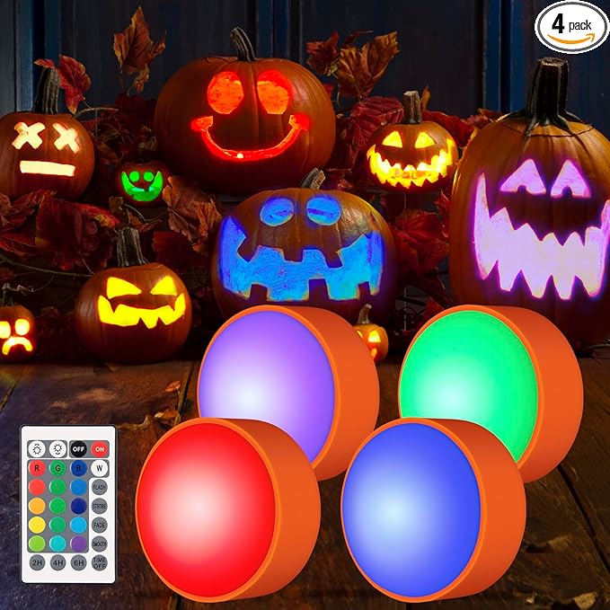 Halloween LED Flameless Pumpkin Lights, Battery Operated Jack-O-Lantern Lights with Remote Control and Timer, RGB Dimmable Color Changing Lights for Halloween and Pumpkin Decoration - 4 Pack