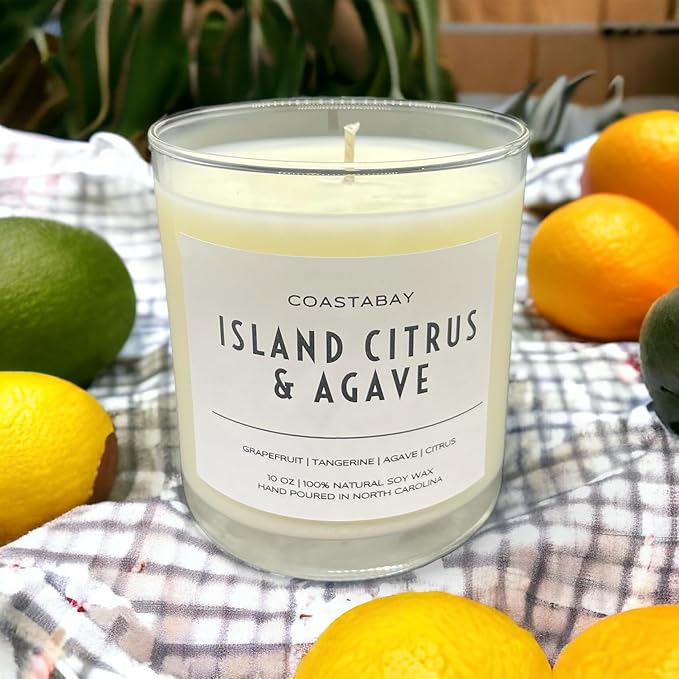Island Citrus & Agave Soy Candle | Luxury Tropical Citrus Scent, Long Lasting Natural Soy Wax, Hand Poured Aromatherapy Candle - 10oz