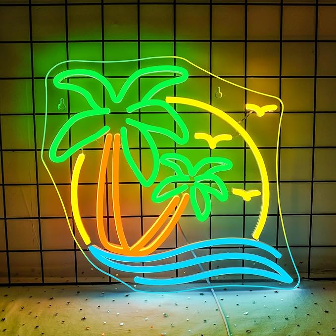 NOSUN Tropic Neon Sign Palm Tree Neon Signs for Wall Decor Hawaiian LED Neon Lights Coconut Tree Tropic Neon Signs for Bedroom Bar Party Men Cave Game Room Sea Neon Light Sign Tropic Wall Art Decor
