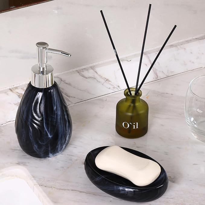 Ceramic Soap Dispenser and Soap Dish Set, Marbled Elegant Bathroom Decor with Non-Slip Base, Modern Hand Wash Bottle & Soap Tray for Bathroom Sink Countertop, Kitchen, Spa (Black)