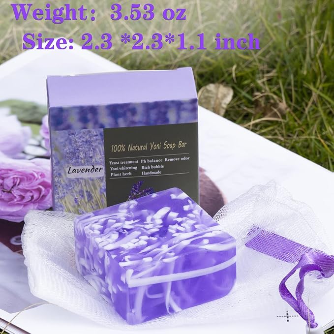 2 PCS Yoni Soap Bars for Women, 100% Handmade Natural PH Balanced & V Cleansing Bar Soap for Women, Natural Soap Bar with Bubble Foam Net, Bath Wash Odor Remover 3.53oz/100g (purple)