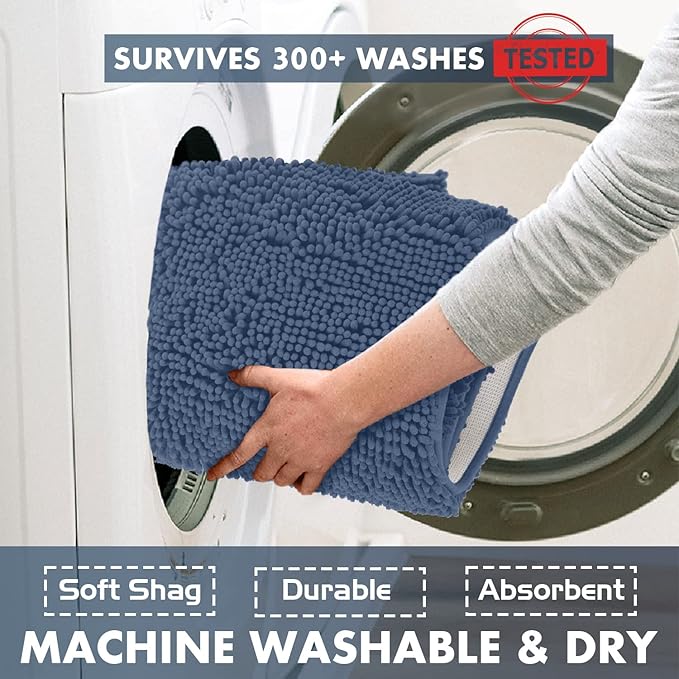 Bathroom Rugs Sets 2 Piece, Luxury Chenille Bath Mat Set, Soft Plush Anti-Slip Bath Rug + U-Shaped Toilet Mat. Microfiber Shaggy Carpet, Super Absorbent (24” x 36” & 20” x 24” U, Medium Blue)