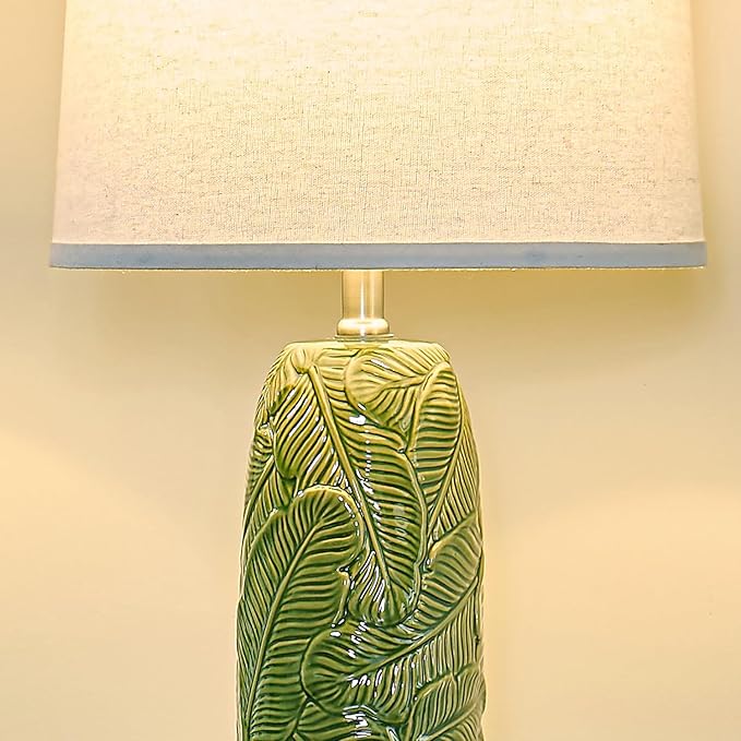 25" Ceramic Table Lamp Green Nightstand Pottery Lamp with White Shade Modern Bedside Desk Lamps with Leaf Pattern for Living Room Bedroom