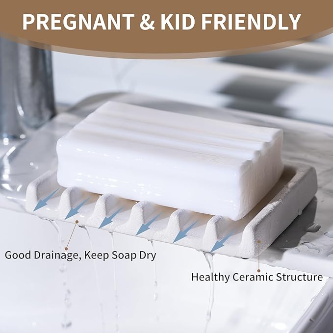 Self Draining Premium Ceramic Soap Dish, Bar Soap Holder, Waterfall Soap Dish, Shower Soap Holder Sponge Holder Soap Tray Soap Savers for Bathroom, Shower, Kitchen, Sink and Countertop