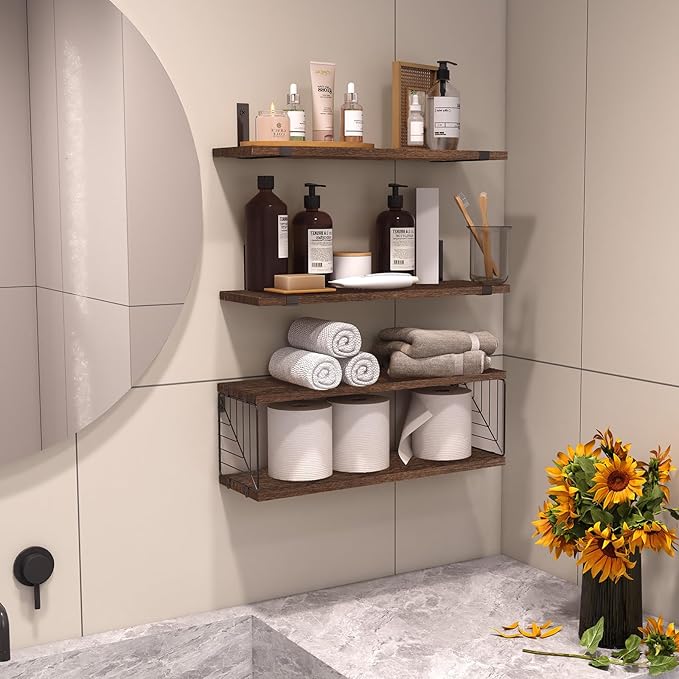 Fixwal 3+1 Tier Bathroom Floating Shelves Over Toilet, 15.8in Farmhouse Rustic Wood Shelves, Wall Decor for Bathroom, Living Room,Bedroom and Kitchen (Dark Brown)