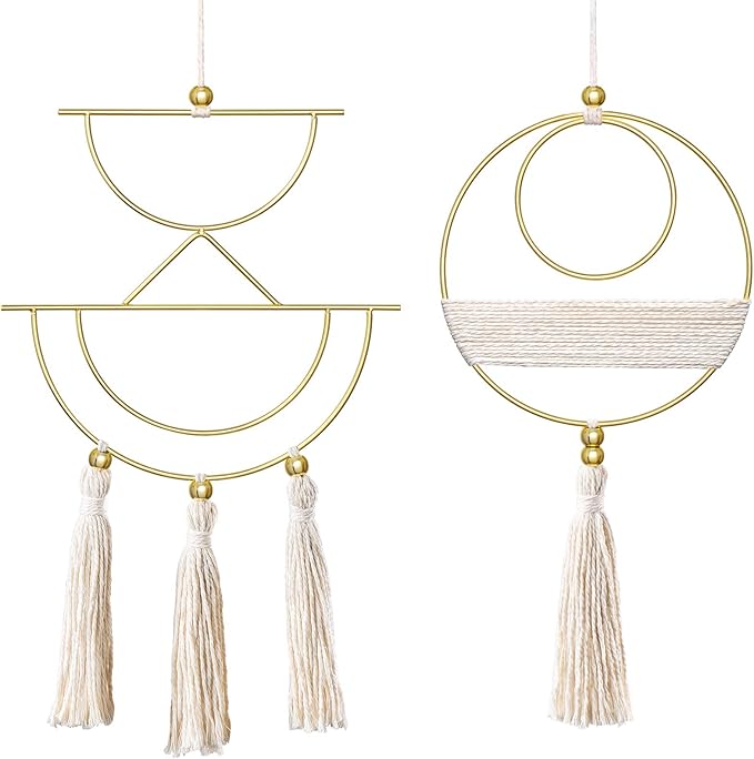 Mkono 2 Pcs Small Macrame Wall Hanging Boho Decor Cute Home Art Ornament with Gold Metal Ring for Bedroom Living Room Nursery Bathroom, 12.6''H x 7.6''W and 11.5''H x 5.9''W, X-Small