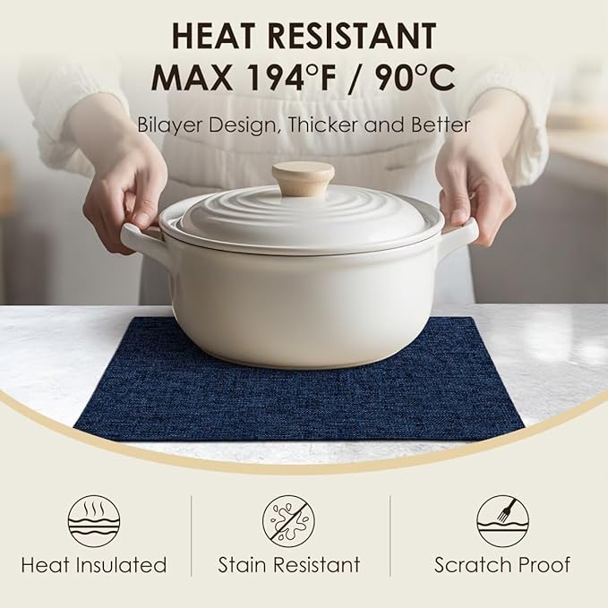 Placemats Set of 6, Bilayer Thickened Linen Place Mats Heat Resistant Machine Washable Wrinkle Free Carefully Selected Polyester Mats for Kitchen/Dining/Coffee Table (Navy Blue)