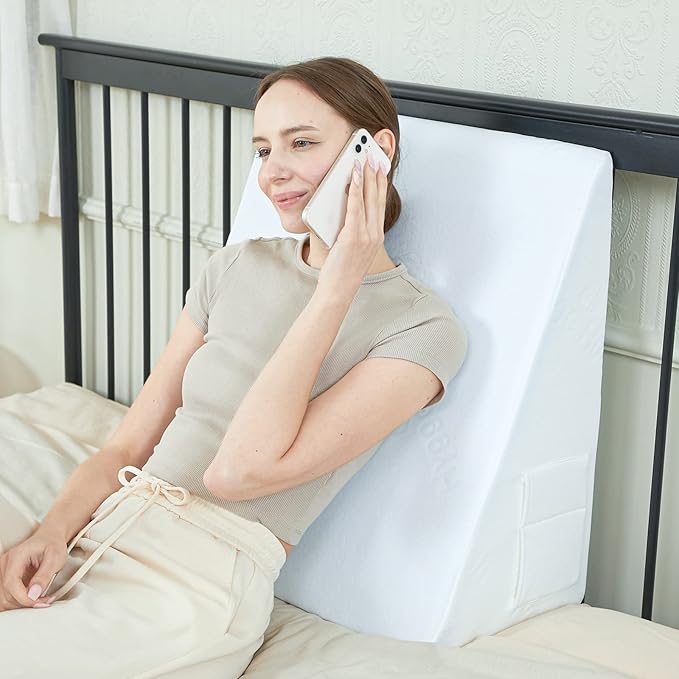 Bed Wedge Pillow, 8" 24" 24" Triangle Pillow Wedge, Cooling Memory Foam Top, Elevated Support Wedge Pillow for Relieving Acid Reflux, Heartburn, Snoring and GERD