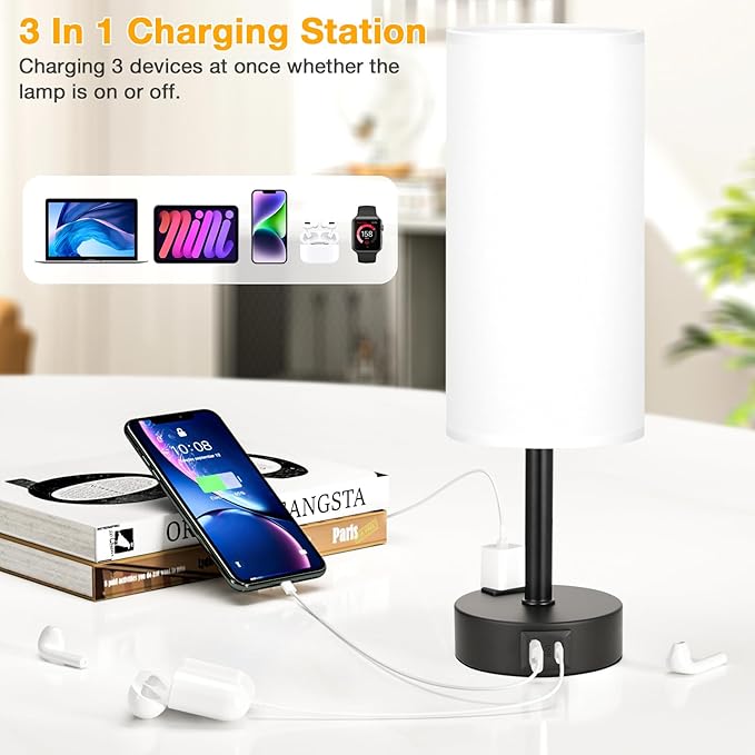 White Bedroom Lamps Set of 2-3 Way Dimmable Touch Table Lamps with USB C and A Ports, Bedside Lamps for Nightstand with AC Outlet, Small Desk Lamps with Black Base for Office Hotel