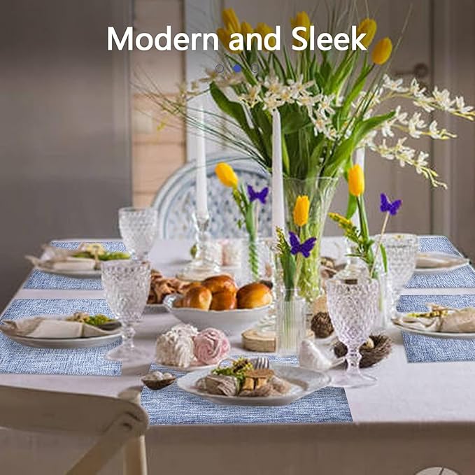 DACHUI Placemats Set of 6, Linen Look Woven Place Mats, Water Resistant, Heat Resistant, Washable, Durable Table Mats (Blue)