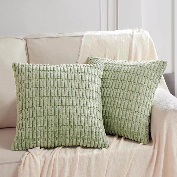 Fancy Homi 4 Packs Sage Green Decorative Throw Pillow Covers 18x18 Inch for Living Room Couch Bed Sofa, Rustic Farmhouse Boho Home Decor Soft Plush Striped Corduroy Square Cushion Case 45x45 cm