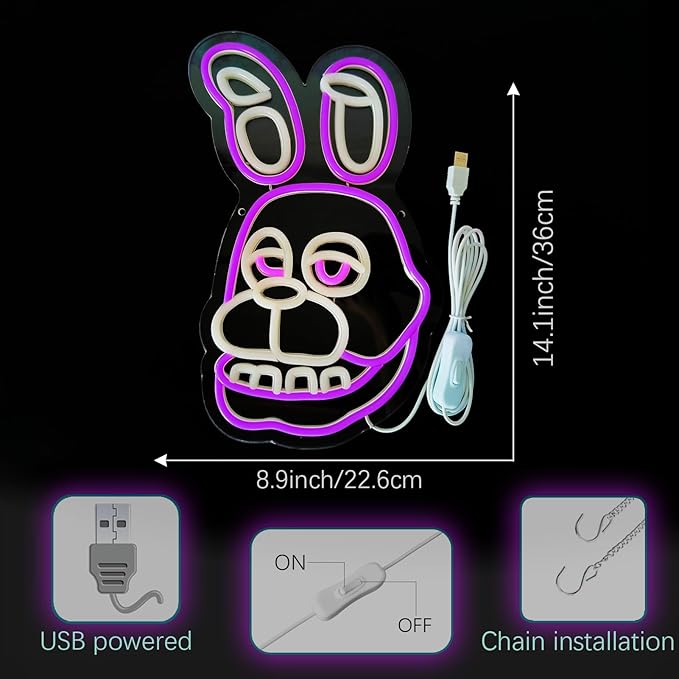 Funny Rabbit Neon Sign for Wall Decor, Anime Rabbit LED Light for Bedroom, Game room, Kids' Room, Birthday Decorations, USB Powered, Pink, Purple, 14.1 in x8.9 in