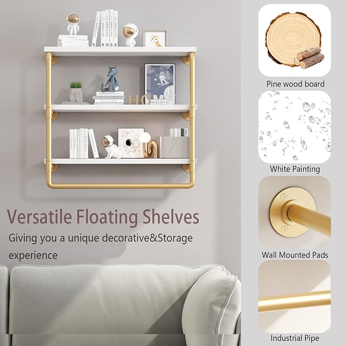 HOMEKAYT 24" Industrial Pipe Shelving, Floating Wall Shelves 3 Tier Gold Shelves with Haning Rod Multiple Use for Kitchen, Bedroom,Living Room,Bathroom