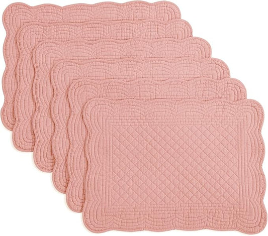 HOMBYS Quilted Placemats Set of 6 Washable-13x18 inches Rectangular Placemats for Kitchen Table-100% Cotton Fabric Rectangular Table Mats, (Blush)