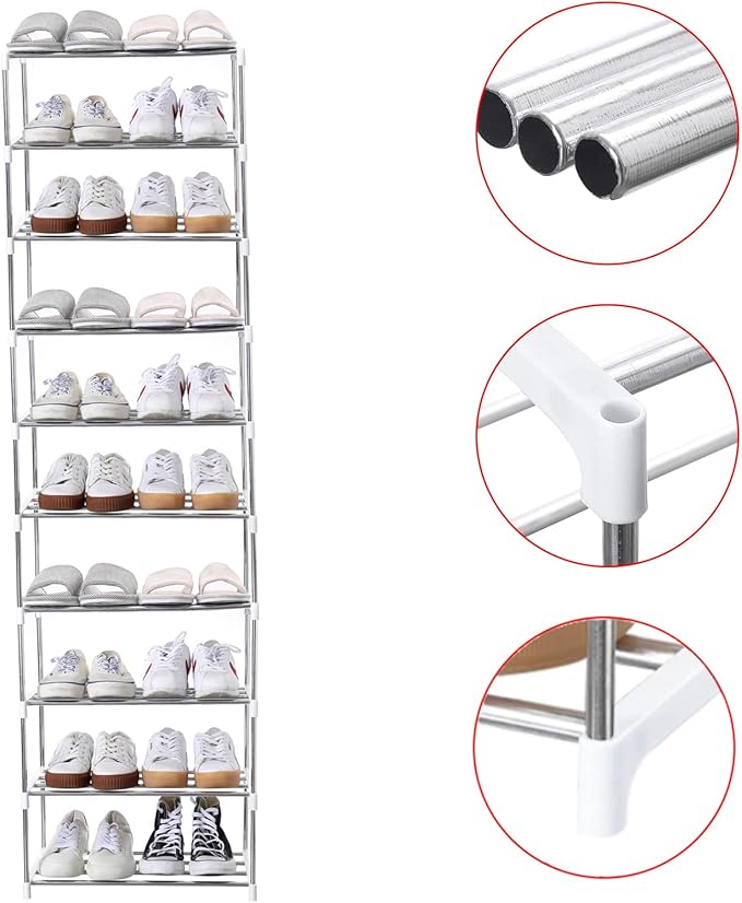 Stackable Small Shoe Rack, Entryway, Hallway and Closet Space Saving Storage and Organization (10-Tier, White)