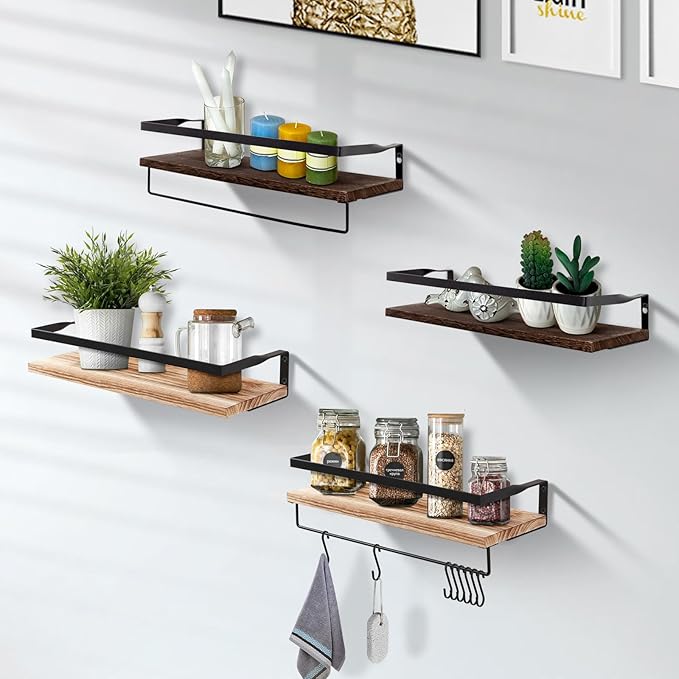 AGM Floating Shelves, Bathroom Floating Shelf Set of 2, Carbonized Black Wall Storage Shelf with Towel Bar, Wall Mounted Shelves for Plants, Book, Bathroom, Bedroom, Kitchen, Living Room Decoration