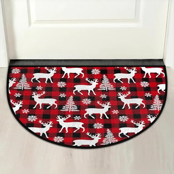 Christmas Half Round Doormat Rug Winter Outdoor Doormat Kitchen Mat for Living Room Fireplace Bedroom Farmhouse Half Moon Christmas Rugs Gifts Animal-Deer