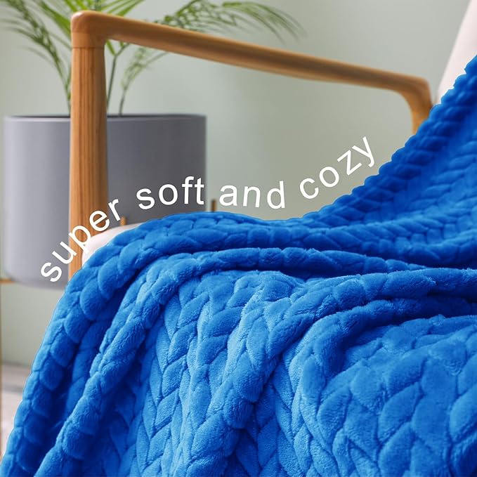 Exclusivo Mezcla Cobalt Blue Fleece Queen Size Blanket for Bed, 90x90 Inches Soft Cozy Jacquard Flannel Blankets, Lightweight Fuzzy Plush Warm for All Seasons