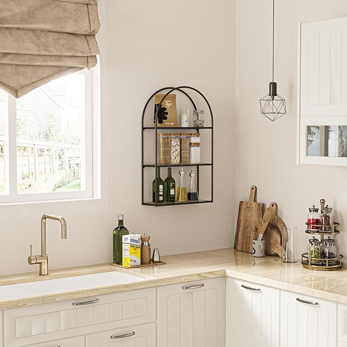 Crofy Black Arched Frame Wall Shelf, Decorative 3 Tier Bathroom Wall Shelf with Transparent Tempered Glass Shelves and Robust Storage Capacity, 6" D x 17.9" W x 28.57" H