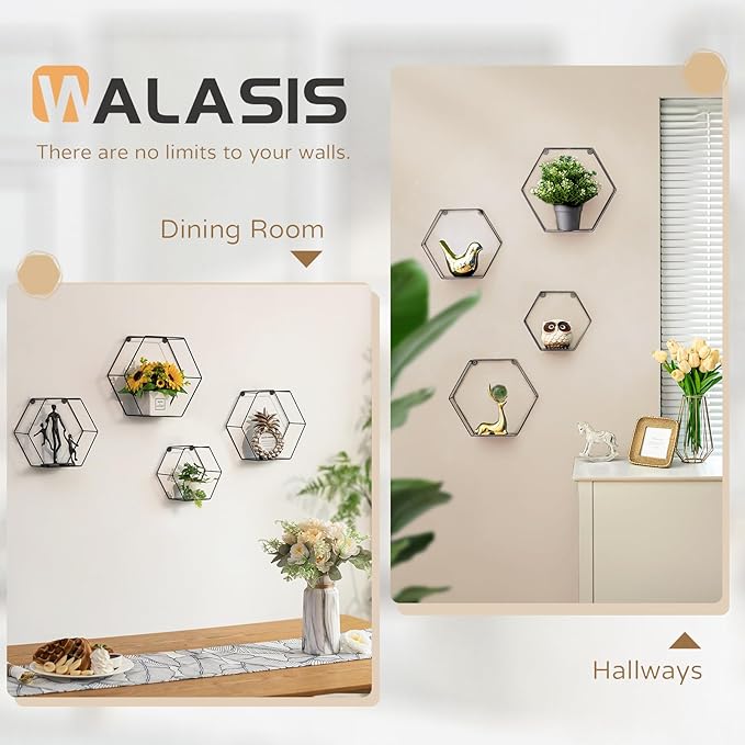 Hexagon Shelves Black Metal - Floating Geometric Hexagon Shelf Wall Mount - Plant Shelves Hexagonal Decor Set of 4