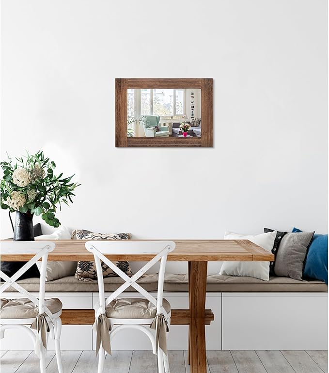 Wood Mirror Rectangular Framed Rustic Vintage Mirrors Decor Farmhouse Bedroom Bathroom Mirror for Dressing Table Entrance Small 16"x12" Brown