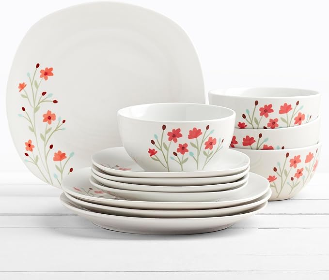 Tabletops Gallery 12-Piece White Floral Ceramic Dinnerware Set of Kitchen Dishes, Soft Square Dinner Salad Plates Cereal Bowls, Service for 4, Caroline