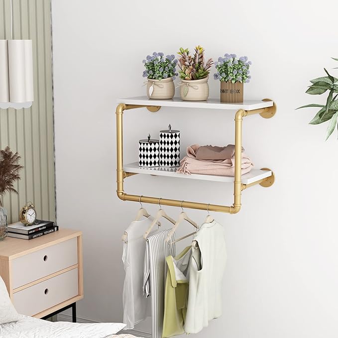 HOMEKAYT 24" Industrial Pipe Shelving Floating Wall Shelves 2 Tier Gold Shelves Multiple Use for Kitchen, Bedroom,Living Room,Bathroom