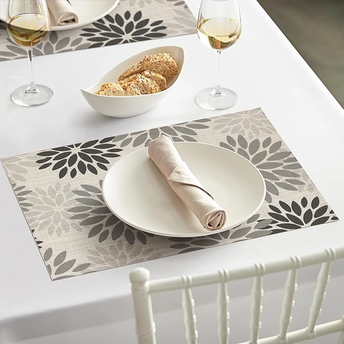 Artoid Mode Floral Vinyl Placemats Set of 4, 12x18 Inch Wipeable Non-Slip PVC Place Mats for Party Kitchen Dining Decor, Grey