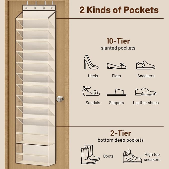 MISSLO 12 Tier Over the Door Shoe Organizer Breathable Mesh Hanging Shoe Rack for Closet Storage Shoe Holder for Door Fit 24 Pairs Sandals, Heels, Boots (Beige)