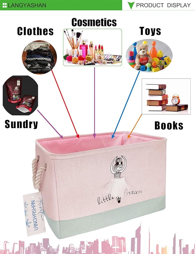 LANGYASHAN Rectangular Storage Bin Collapse Canvas Fabric Cartoon Storage Basket with Handles for Organizing Home Kitchen Boys and Girls Toys Office Closet Shelf Baskets (Girl)
