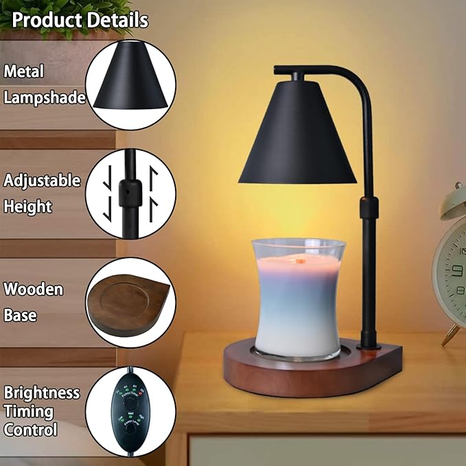 SOKCVSEA Candle Warmer Lamp - Candle Warmer with Timer Height Adjustable, Birthday Gifts for Women Mom Gifts, House Warming Gifts New Home Decor, Wax Melt with 2 Bulb Black