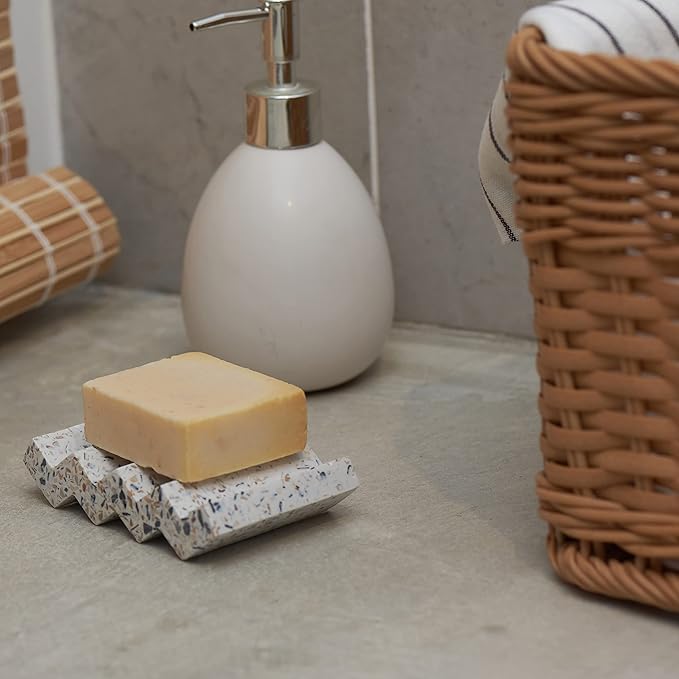 Zig Zag Jesmonite Terrazzo Stone Soap Dish for Bathroom Sink - Concrete Soap Saver for Bar Soap Holder for Shower - Sponge Holder - Self Draining Soap Dish Holder - Kitchen Soap Tray (White)